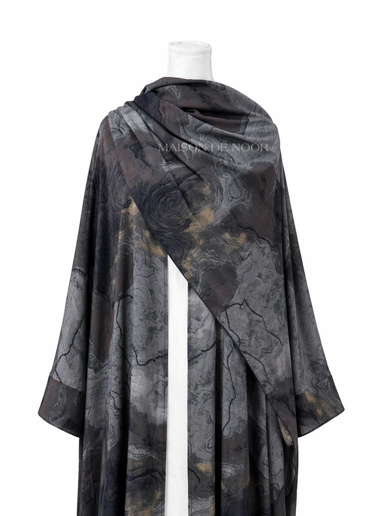 Marble Print Open Abaya 3-Piece Set - Charcoal Blue Grey