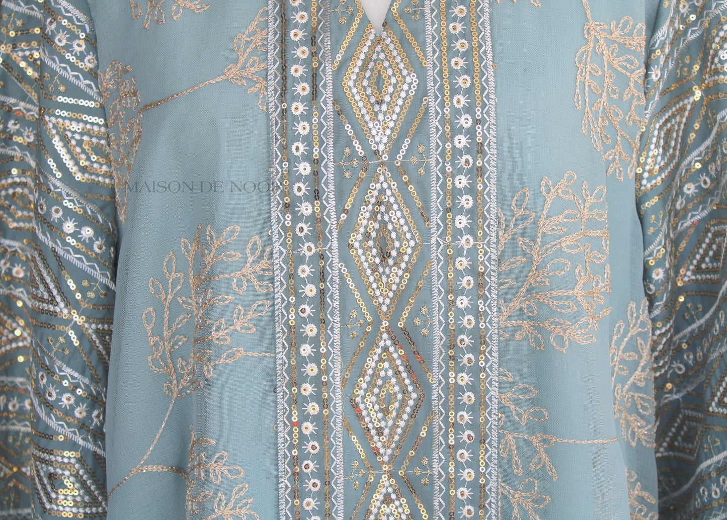 Leaf Embroidered Sequin Kaftan Abaya Dress - Sky Blue