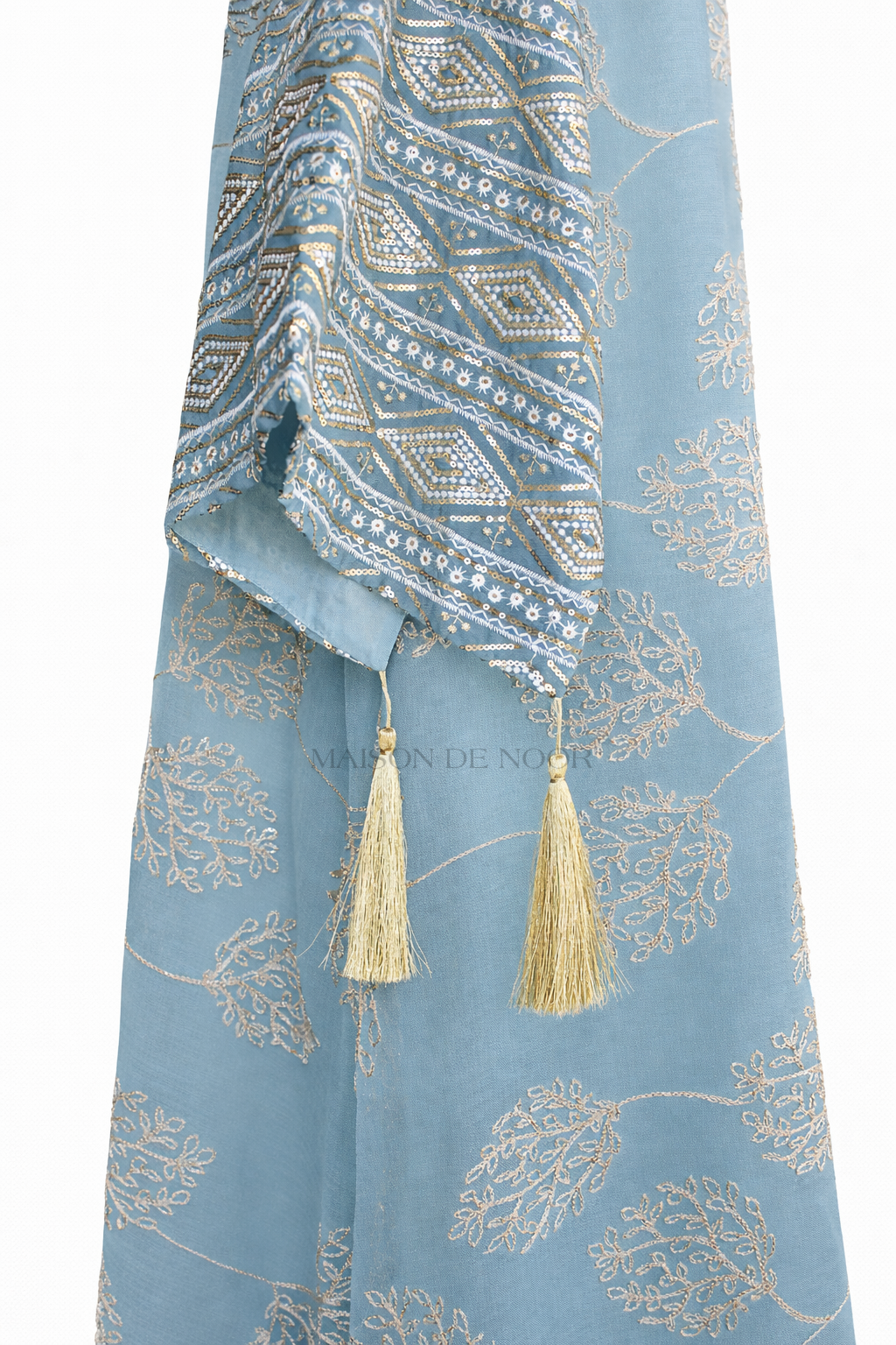 Leaf Embroidered Sequin Kaftan Abaya Dress - Sky Blue