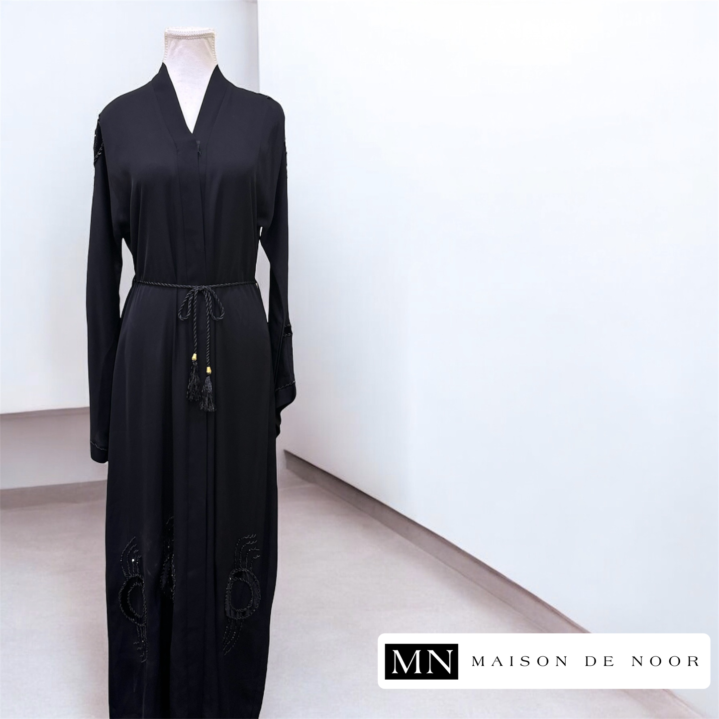 MN Occasions | Handmade Beaded Velvet Abaya - Midnight Black | FINAL SALE