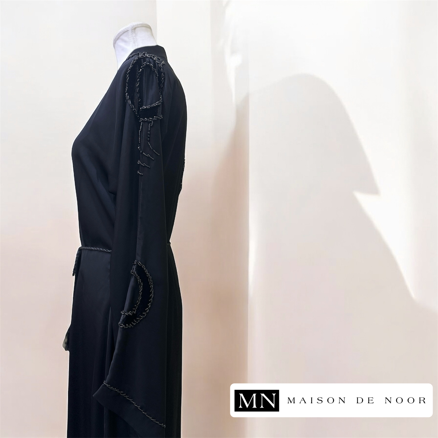 MN Occasions | Handmade Beaded Velvet Abaya - Midnight Black | FINAL SALE