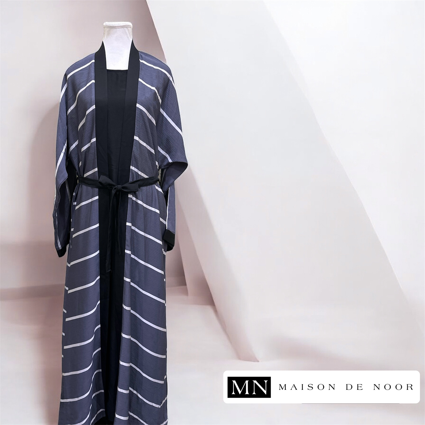 MN Essentials | Striped Open Abaya - Rain - FINAL SALE