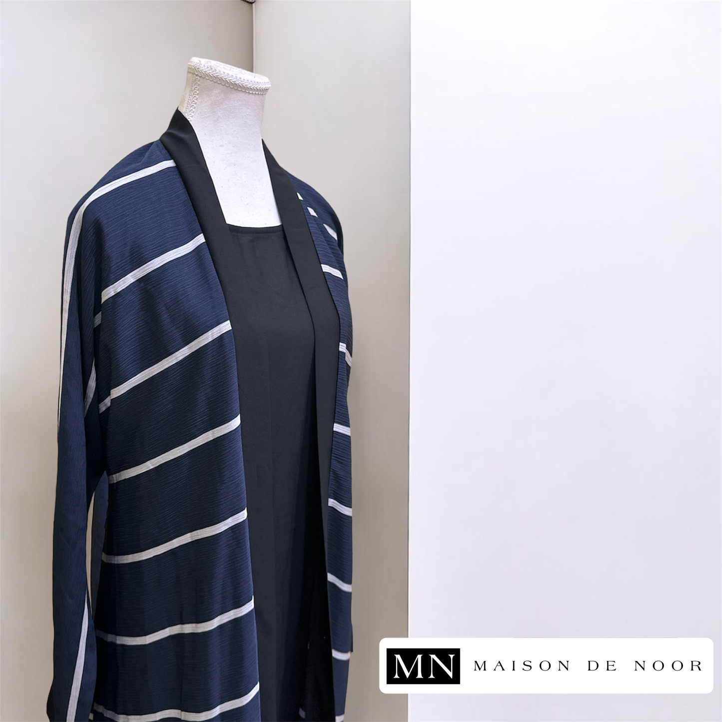 MN Essentials | Striped Open Abaya - Marine Blue - FINAL SALE