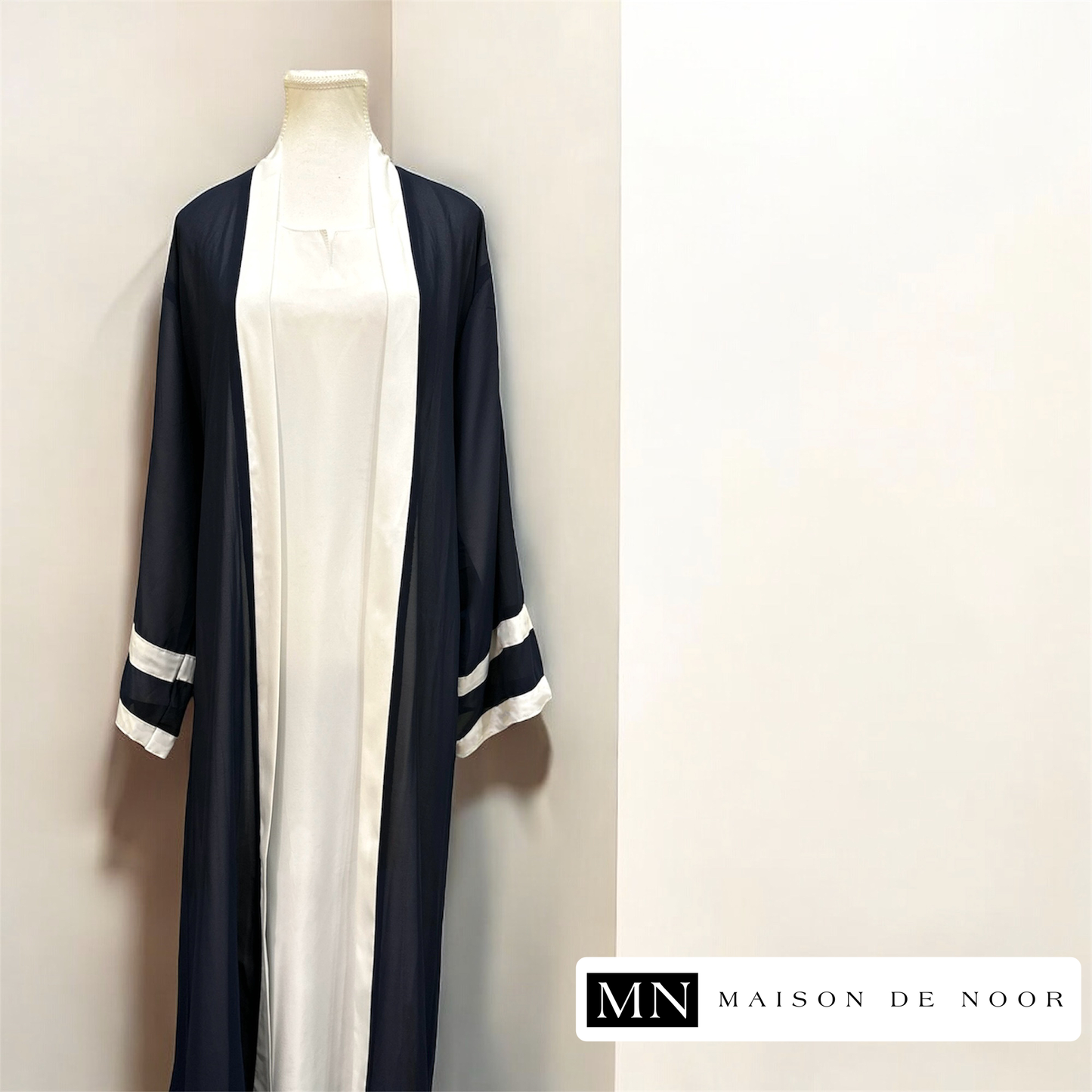 MN Essentials | Dual Stripe Chiffon Open Abaya - Marine Blue - FINAL SALE