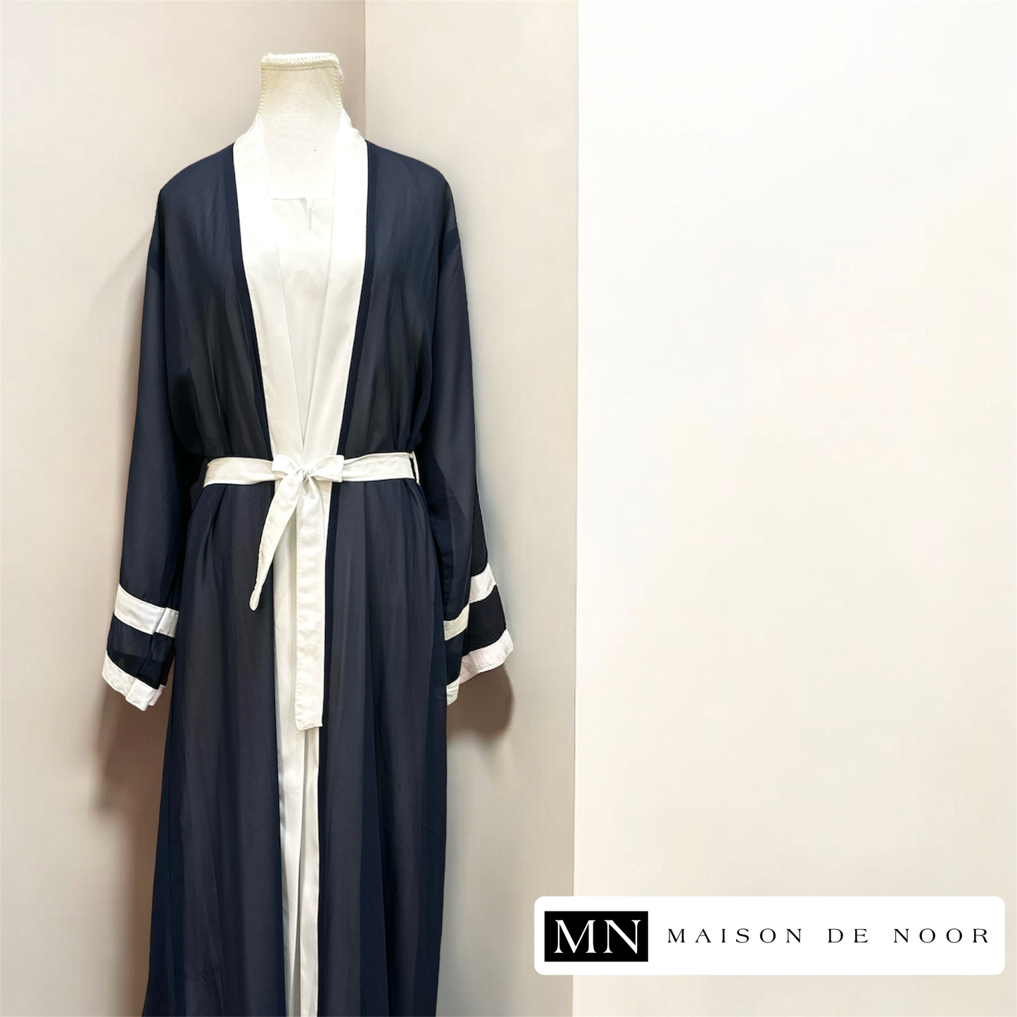 MN Essentials | Dual Stripe Chiffon Open Abaya - Marine Blue - FINAL SALE