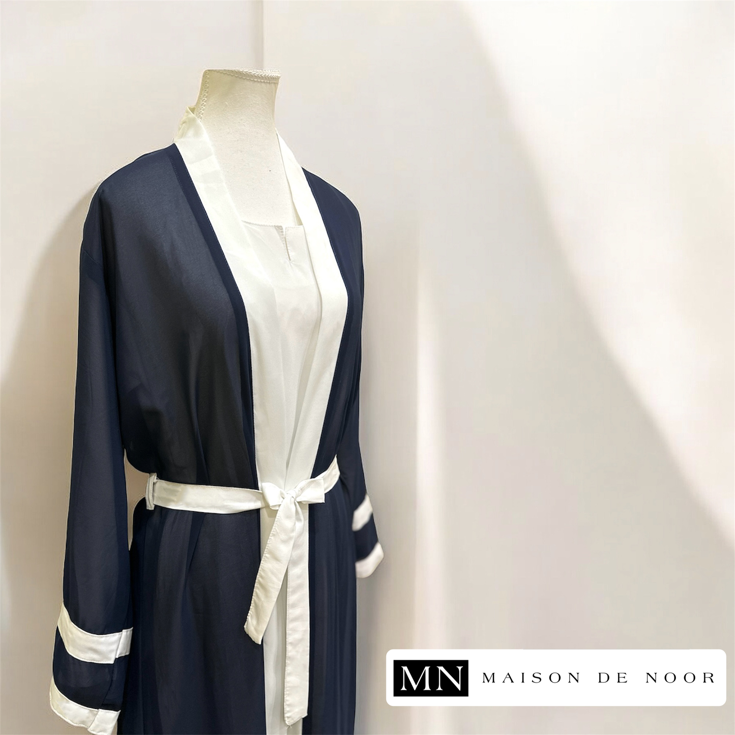 MN Essentials | Dual Stripe Chiffon Open Abaya - Marine Blue - FINAL SALE
