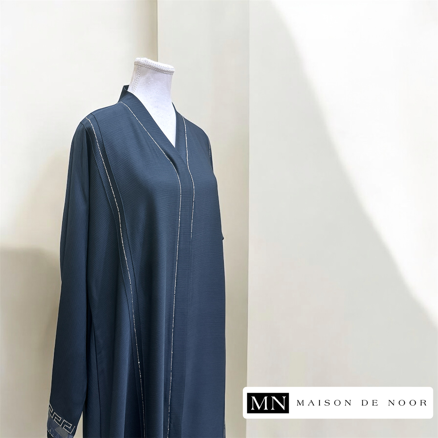 MN Occasions | Pleated Organza Button-down Open Abaya - Steel Blue Grey