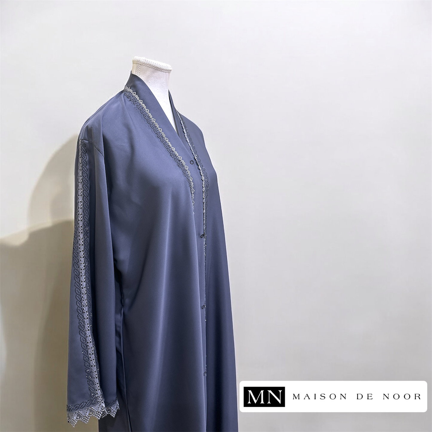 MN Occasions | Sequin Lace Button-down Open Abaya - Indigo Blue