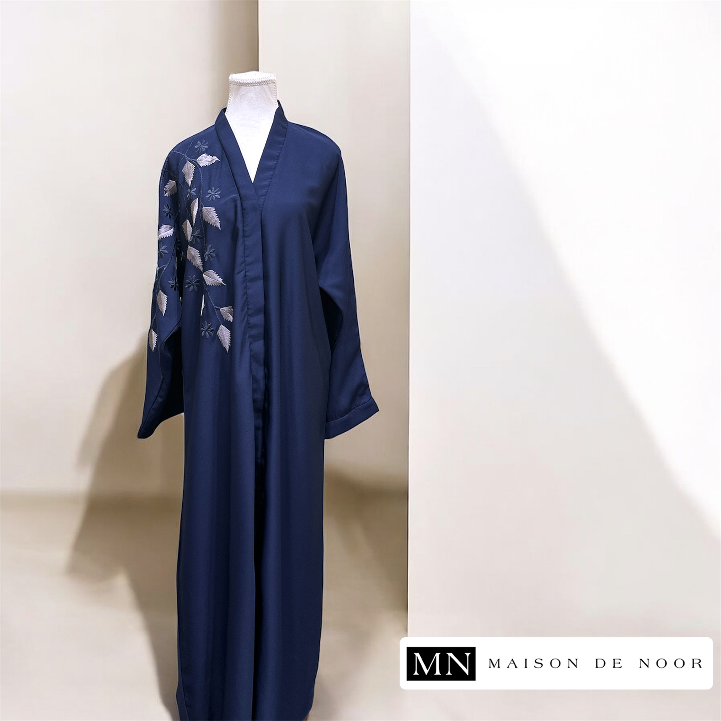 MN Occasions | Floral Vine Embroidered Open Abaya - Royal Blue
