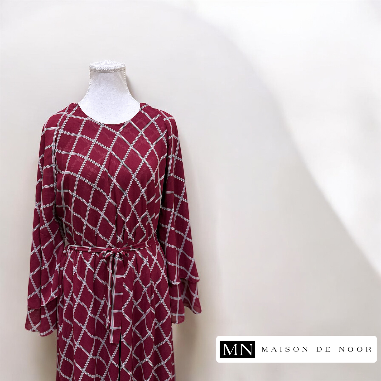 Chiffon Printed Ruffled Abaya Dress - Burgundy Plaid