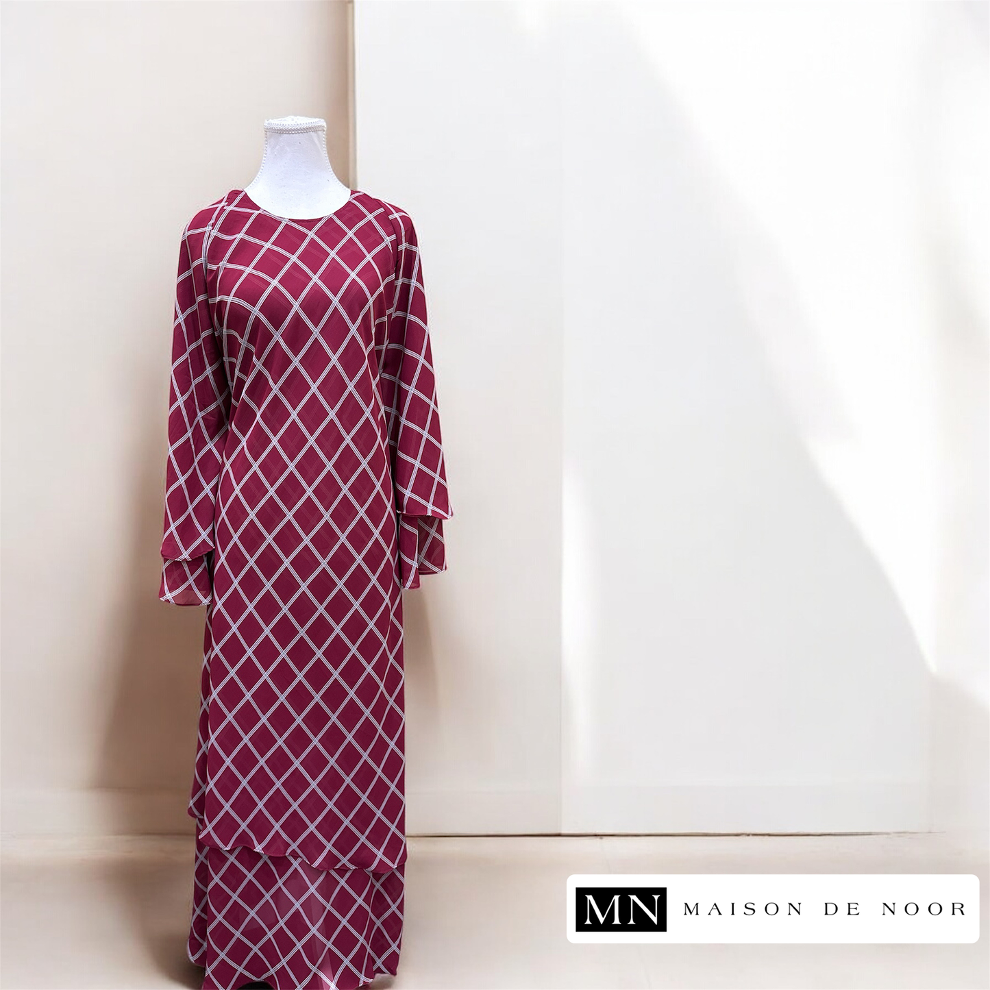 Chiffon Printed Ruffled Abaya Dress - Burgundy Plaid