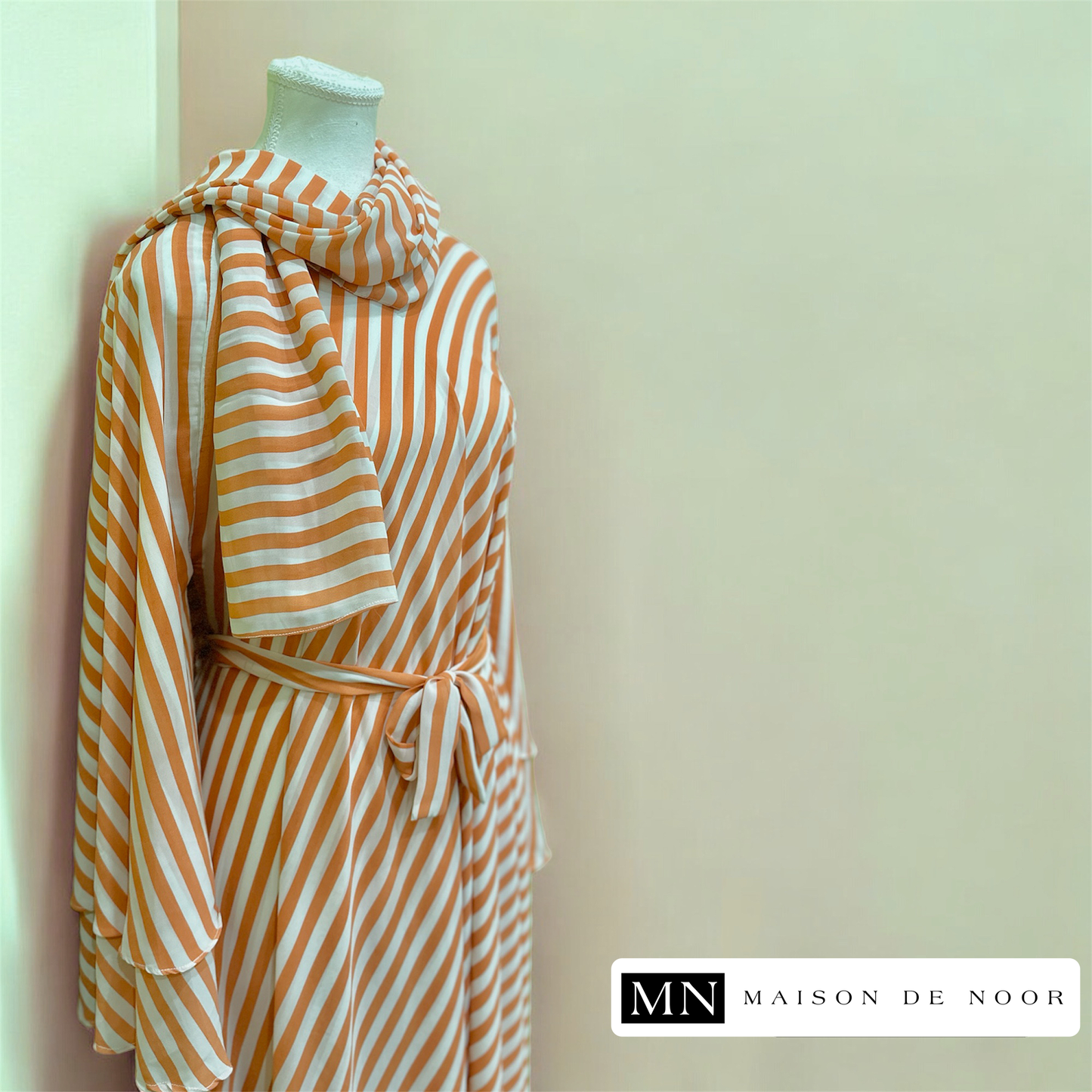 Chiffon Printed Ruffled Abaya Dress - Peach Stripes