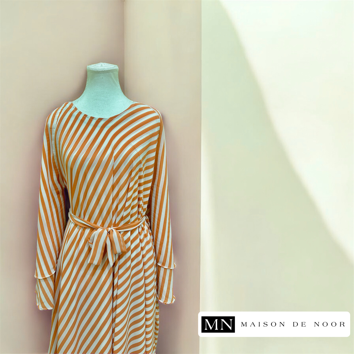 Chiffon Printed Ruffled Abaya Dress - Peach Stripes