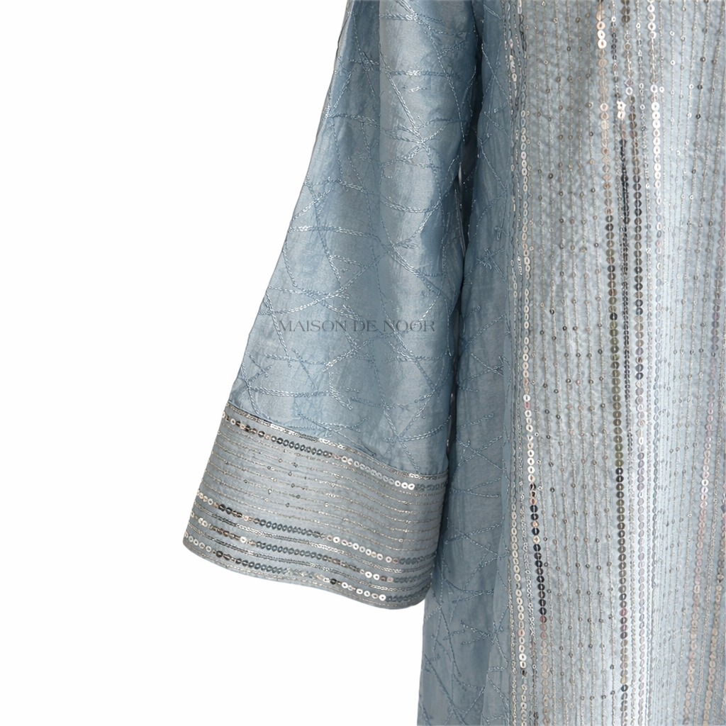 Sequin Embroidered V-Neck Abaya - Light Blue