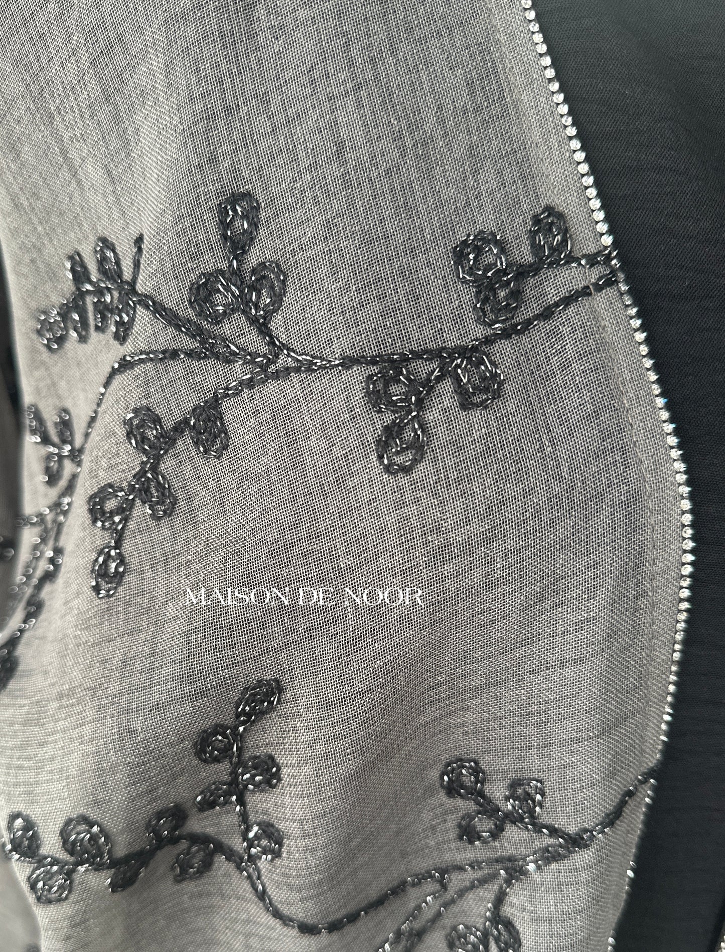 Sheer Organza Vine Embroidered Open Abaya - Grey