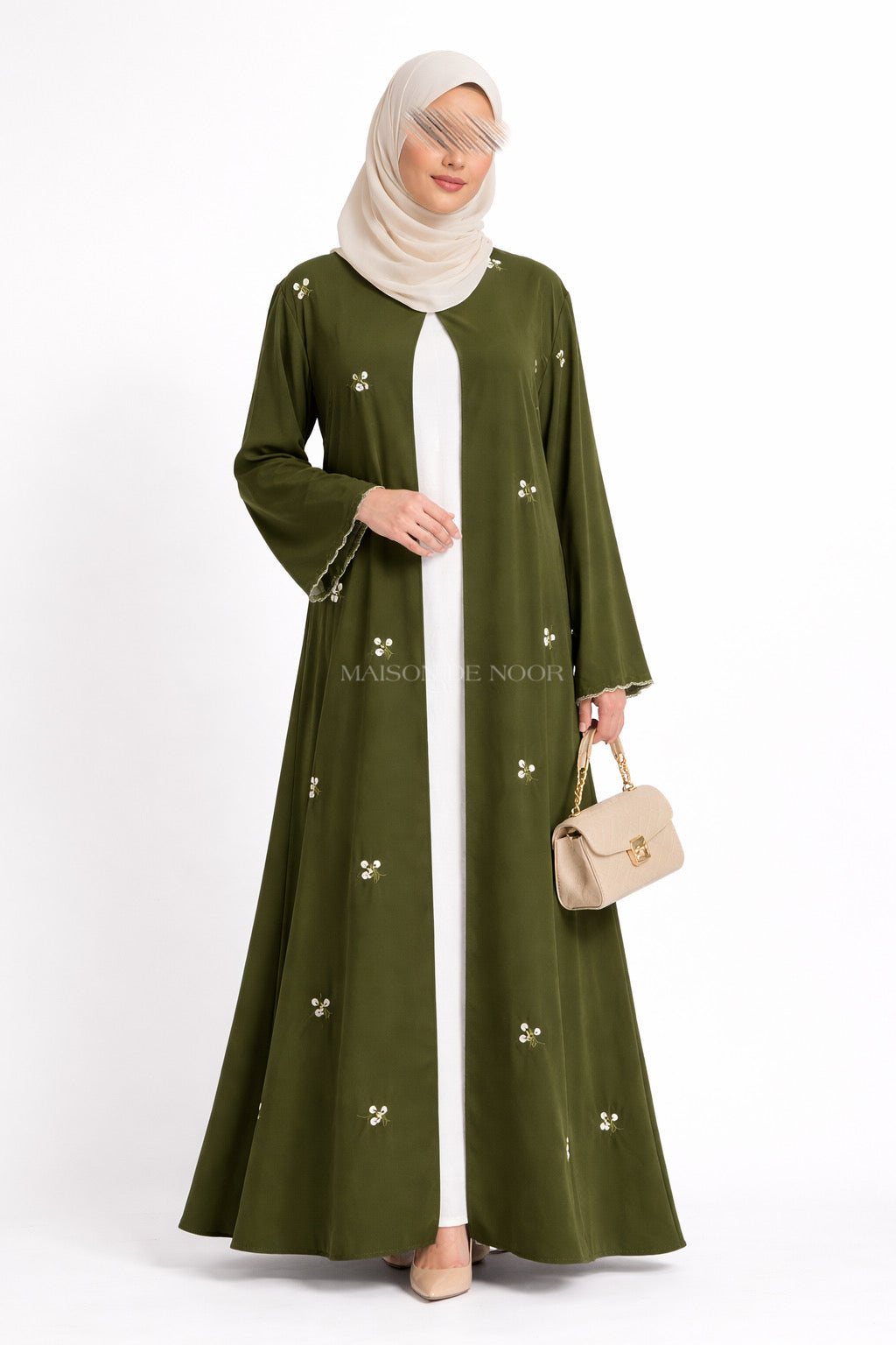 Floral Embroidered Open Abaya Set - Olive Green