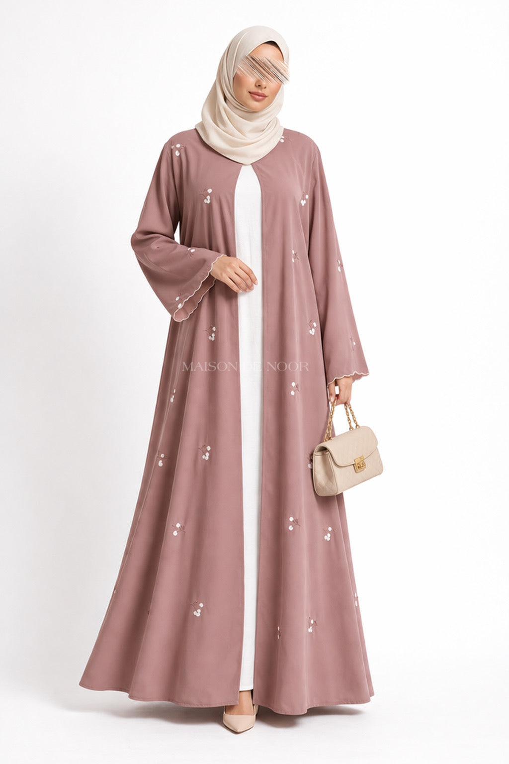 Floral Embroidered Open Abaya Set - Tea Pink