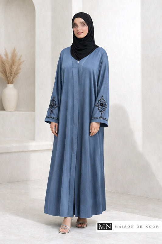 MN Occasions | IRIS - Handmade Beaded Embroidered Abaya - Sky Blue