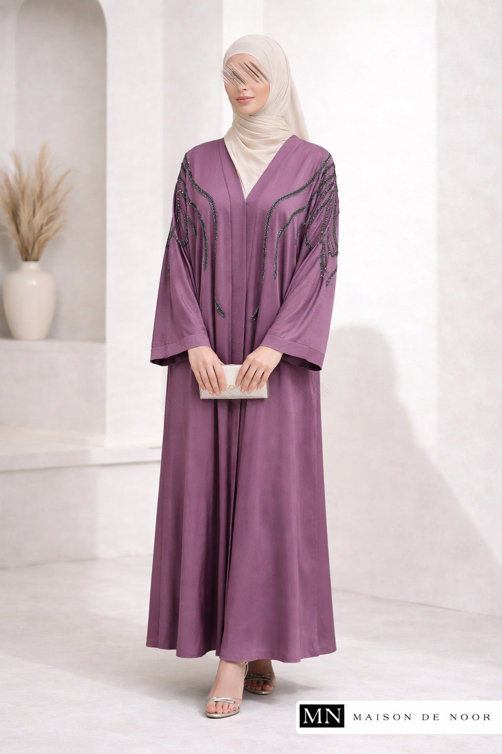MN Occasions | IVY - Handmade Onyx Beaded Abaya - Amethyst