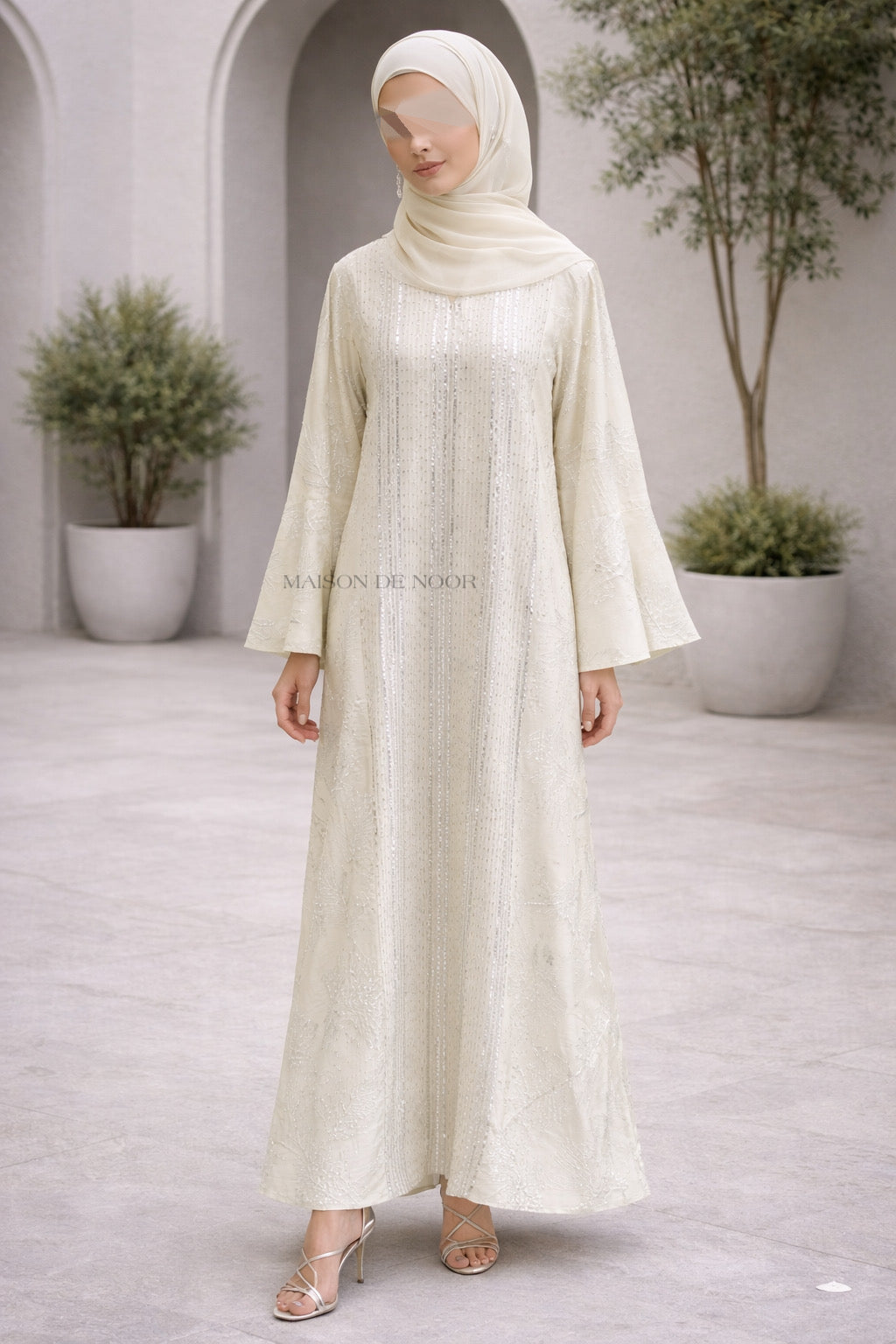 Sequin Embroidered Leaf Abaya Flare Sleeves - Pale Yellow
