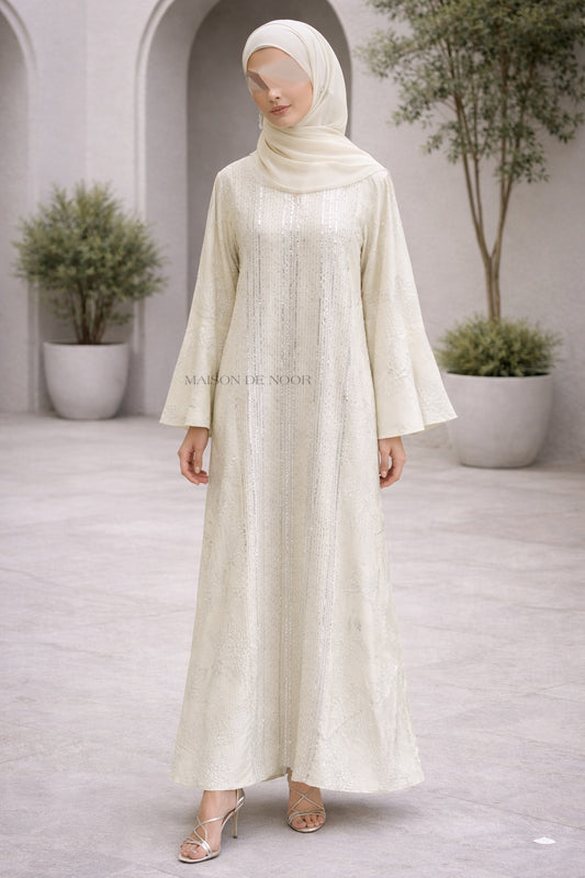 Sequin Embroidered Leaf Abaya Flare Sleeves - Pale Yellow