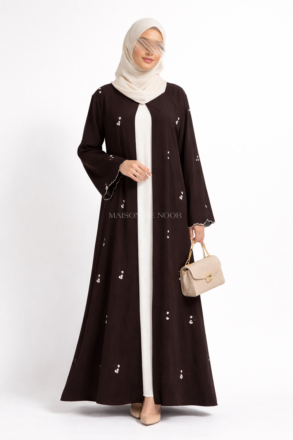 Floral Embroidered Open Abaya Set - Dark Brown