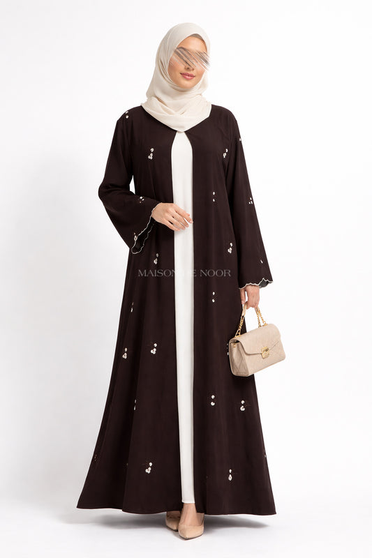 Floral Embroidered Open Abaya Set - Dark Brown