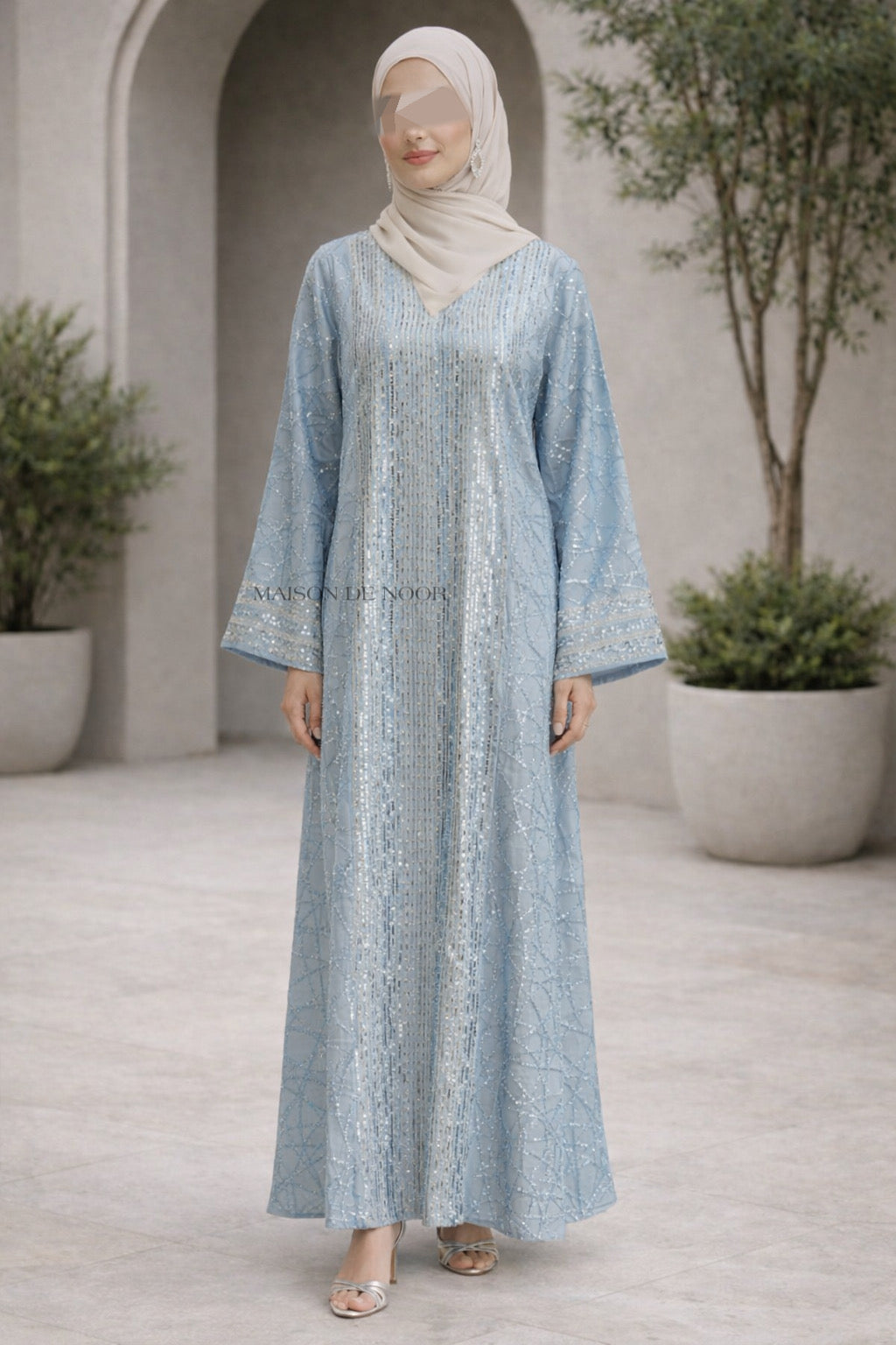 Sequin Embroidered V-Neck Abaya - Light Blue