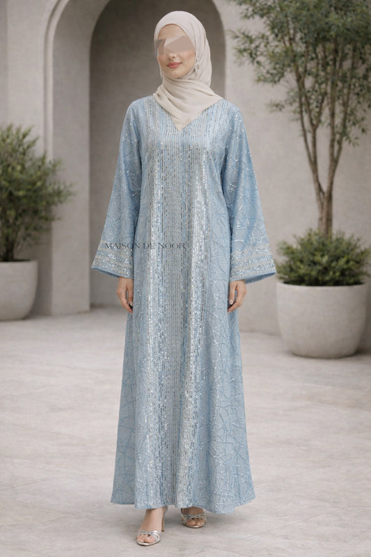Sequin Embroidered V-Neck Abaya - Light Blue