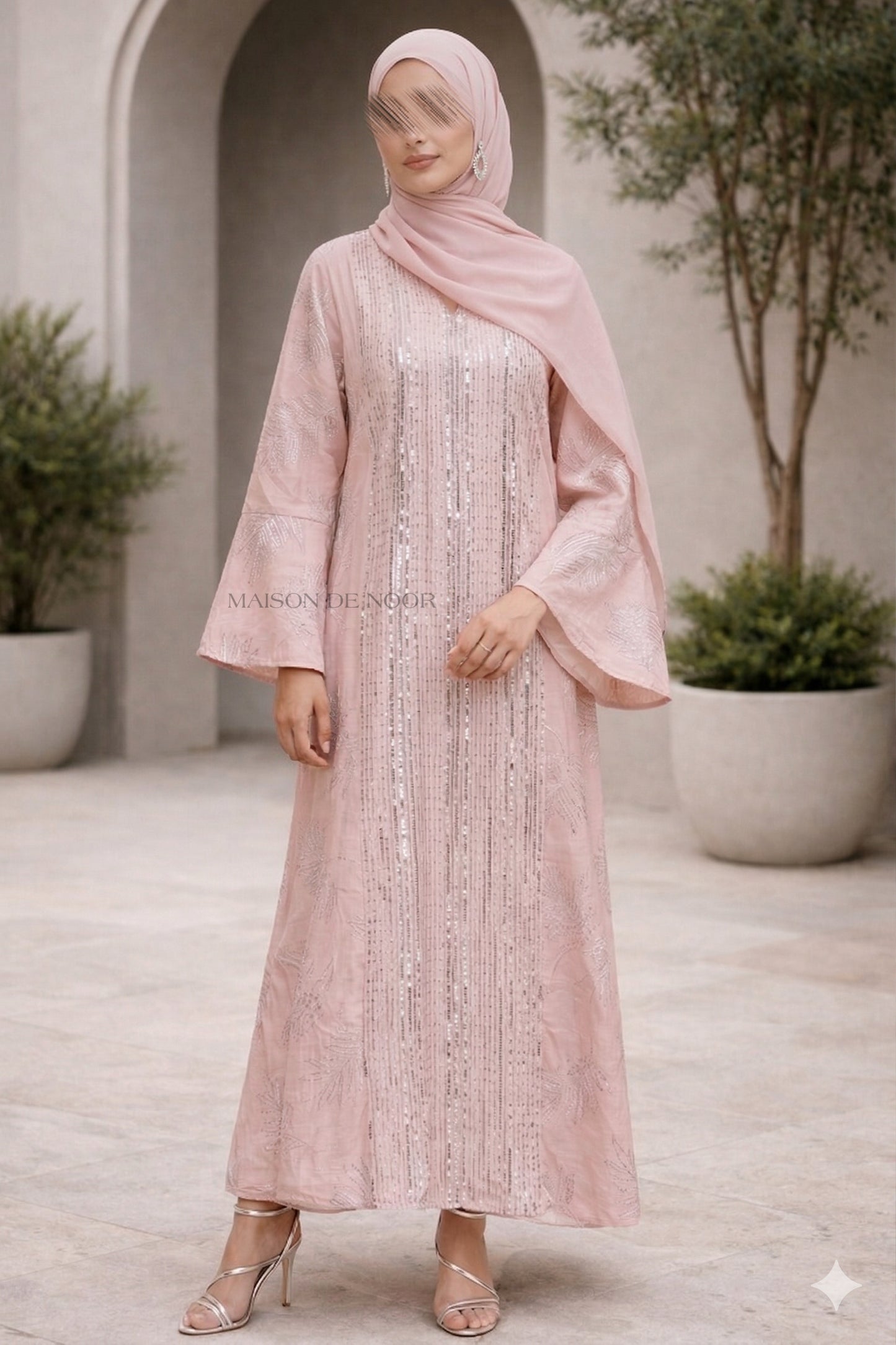 Sequin Embroidered Leaf Abaya Flare Sleeves - Baby Pink