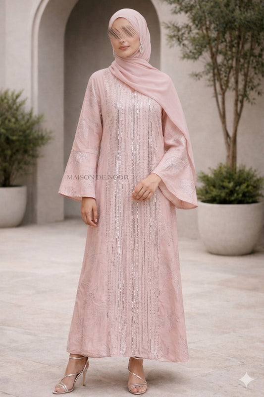 Sequin Embroidered Leaf Abaya Flare Sleeves - Baby Pink