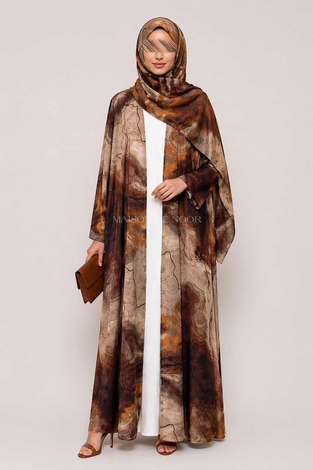 Marble Print Open Abaya 3-Piece Set - Caramel Brown