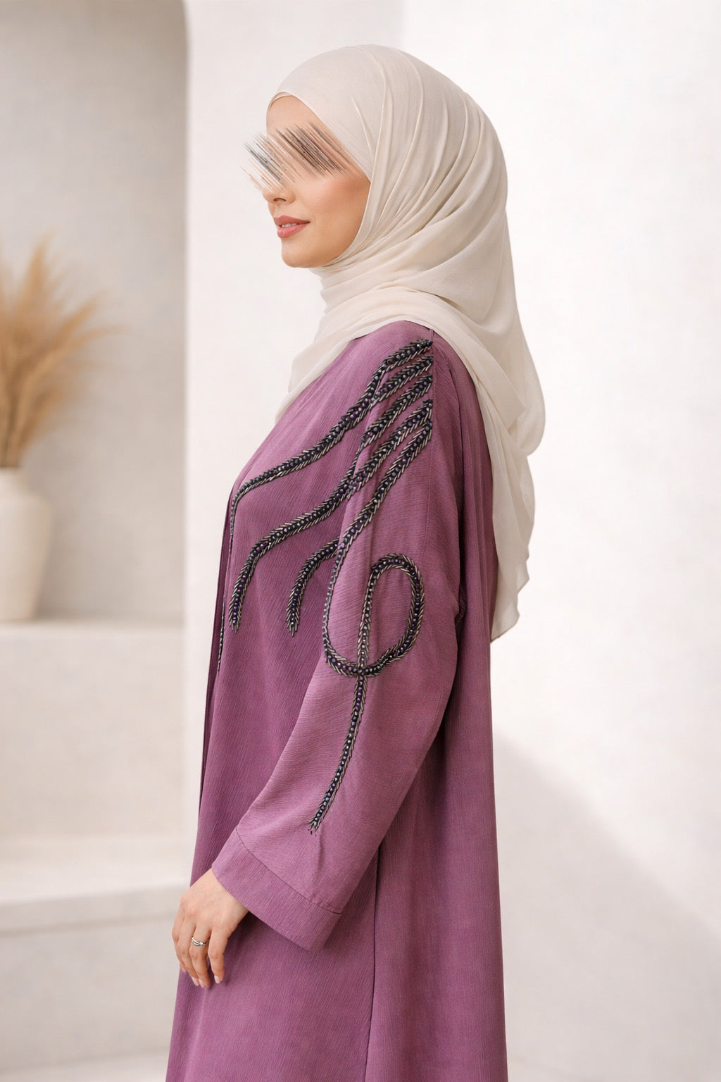 MN Occasions | IVY - Handmade Onyx Beaded Abaya - Amethyst