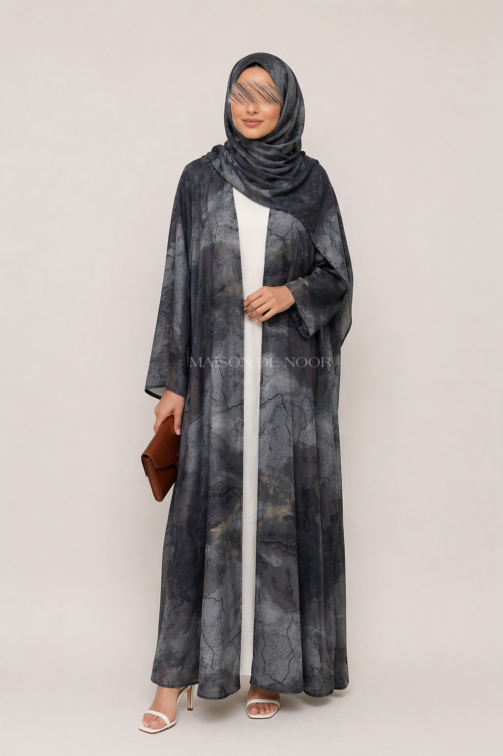 Marble Print Open Abaya 3-Piece Set - Charcoal Blue Grey