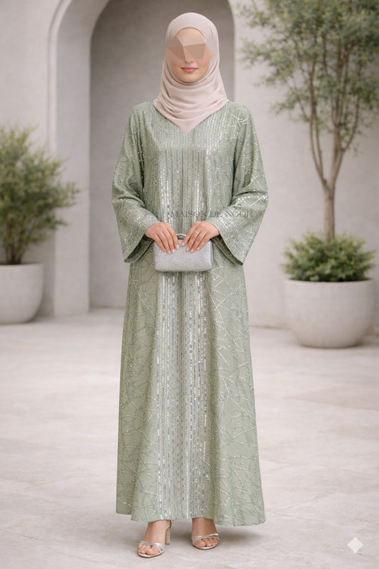 Sequin Embroidered V-Neck Abaya - Sage Green