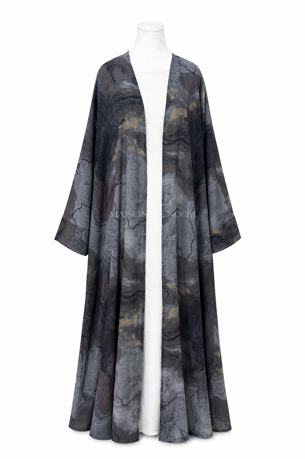 Marble Print Open Abaya 3-Piece Set - Charcoal Blue Grey