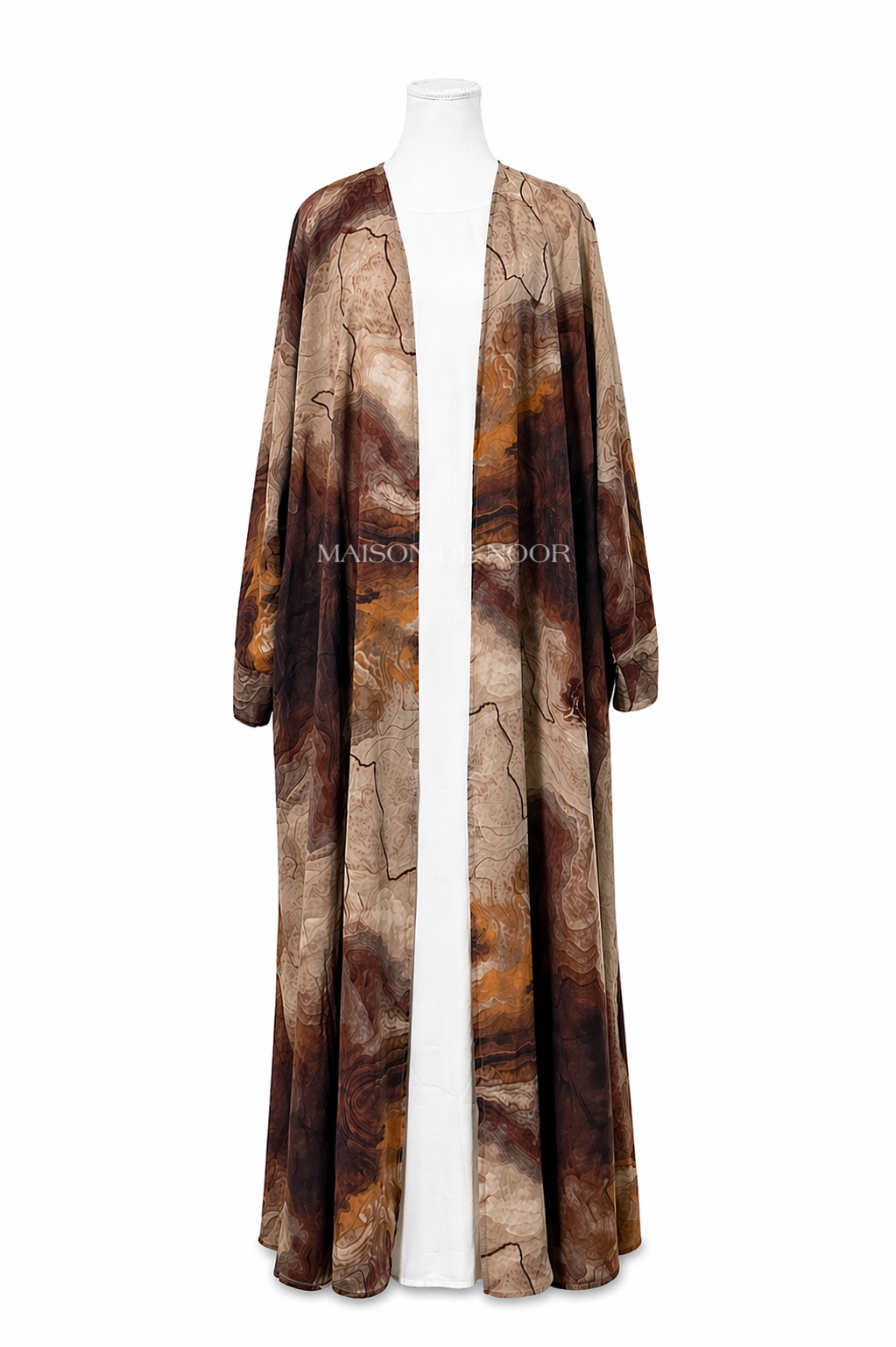 Marble Print Open Abaya 3-Piece Set - Caramel Brown