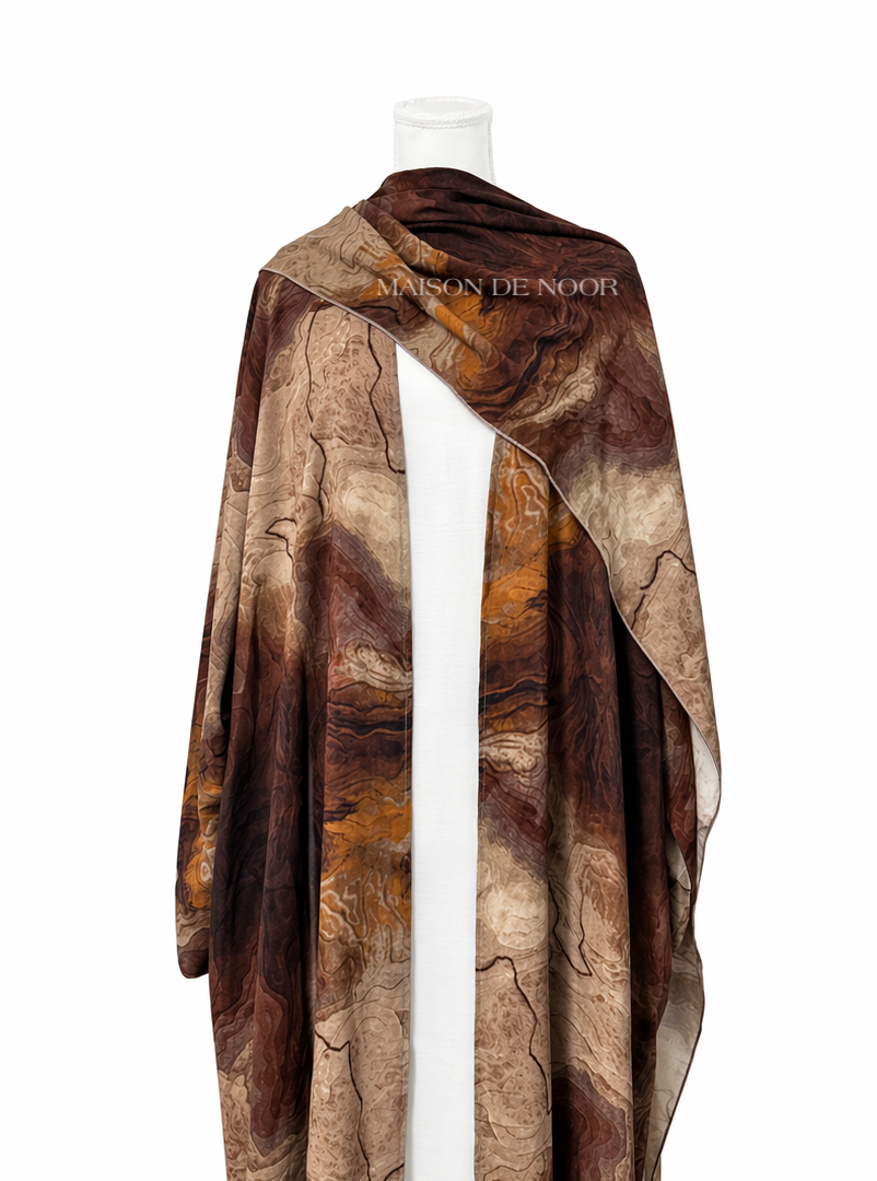 Marble Print Open Abaya 3-Piece Set - Caramel Brown