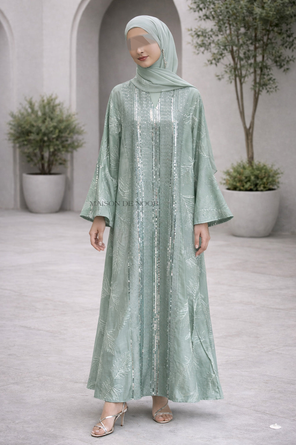 Sequin Embroidered Leaf Abaya Flare Sleeves - Sea Green