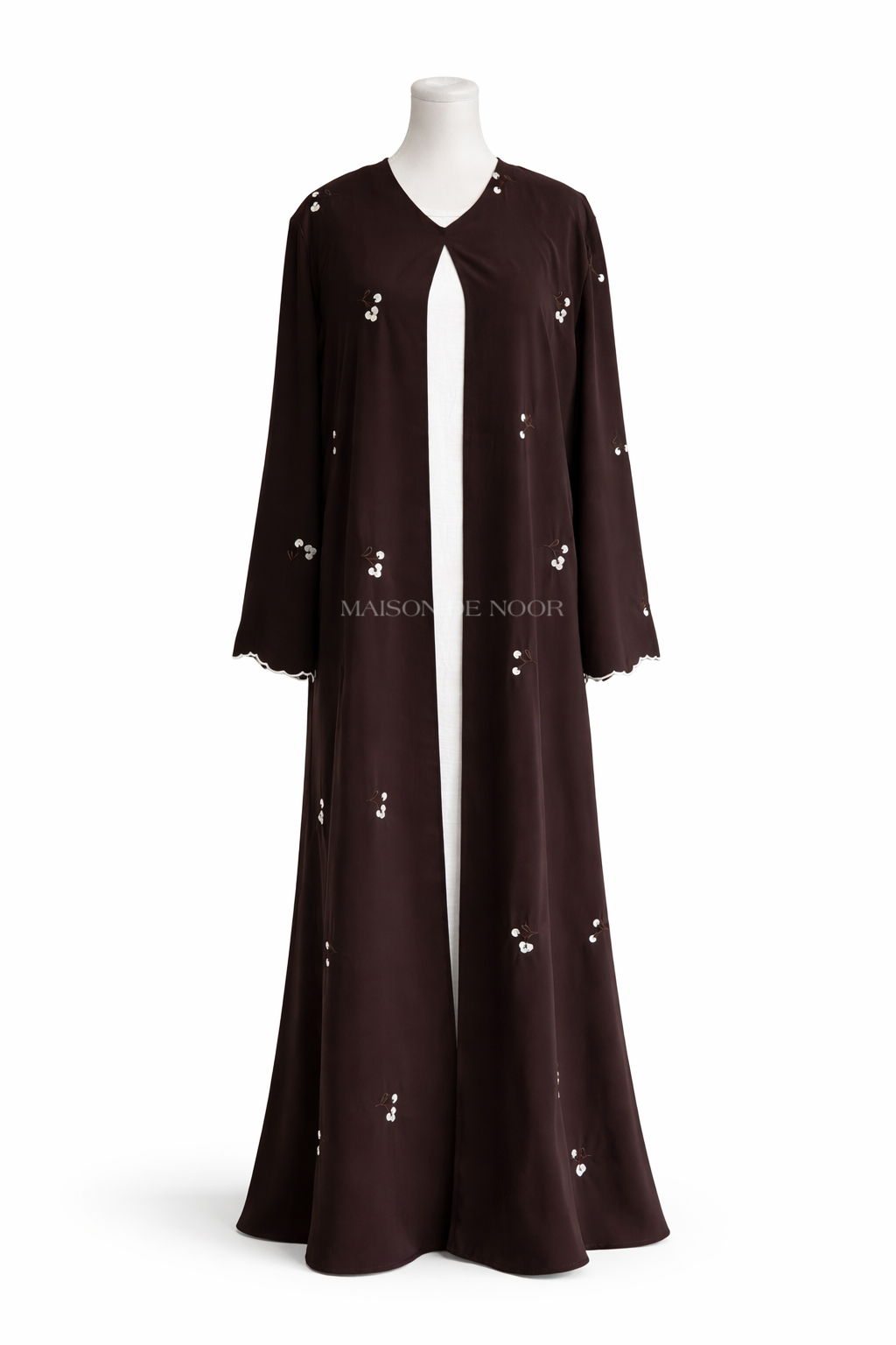 Floral Embroidered Open Abaya Set - Dark Brown