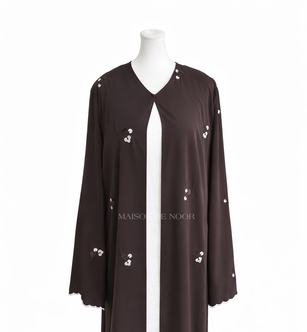 Floral Embroidered Open Abaya Set - Dark Brown
