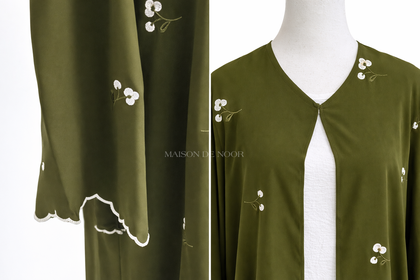 Floral Embroidered Open Abaya Set - Olive Green