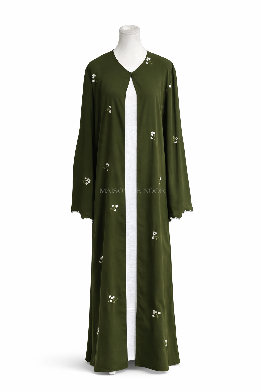 Floral Embroidered Open Abaya Set - Olive Green