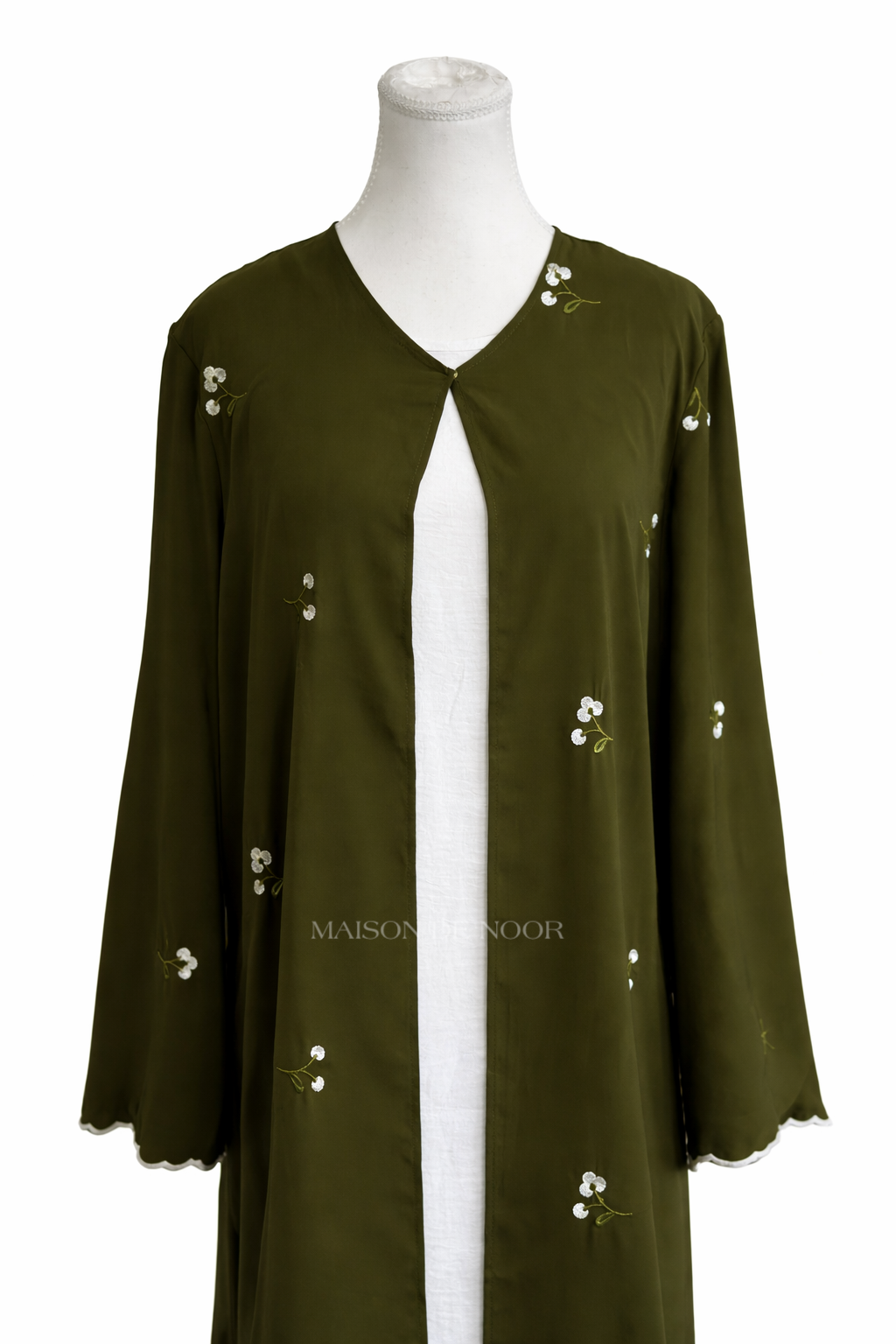 Floral Embroidered Open Abaya Set - Olive Green
