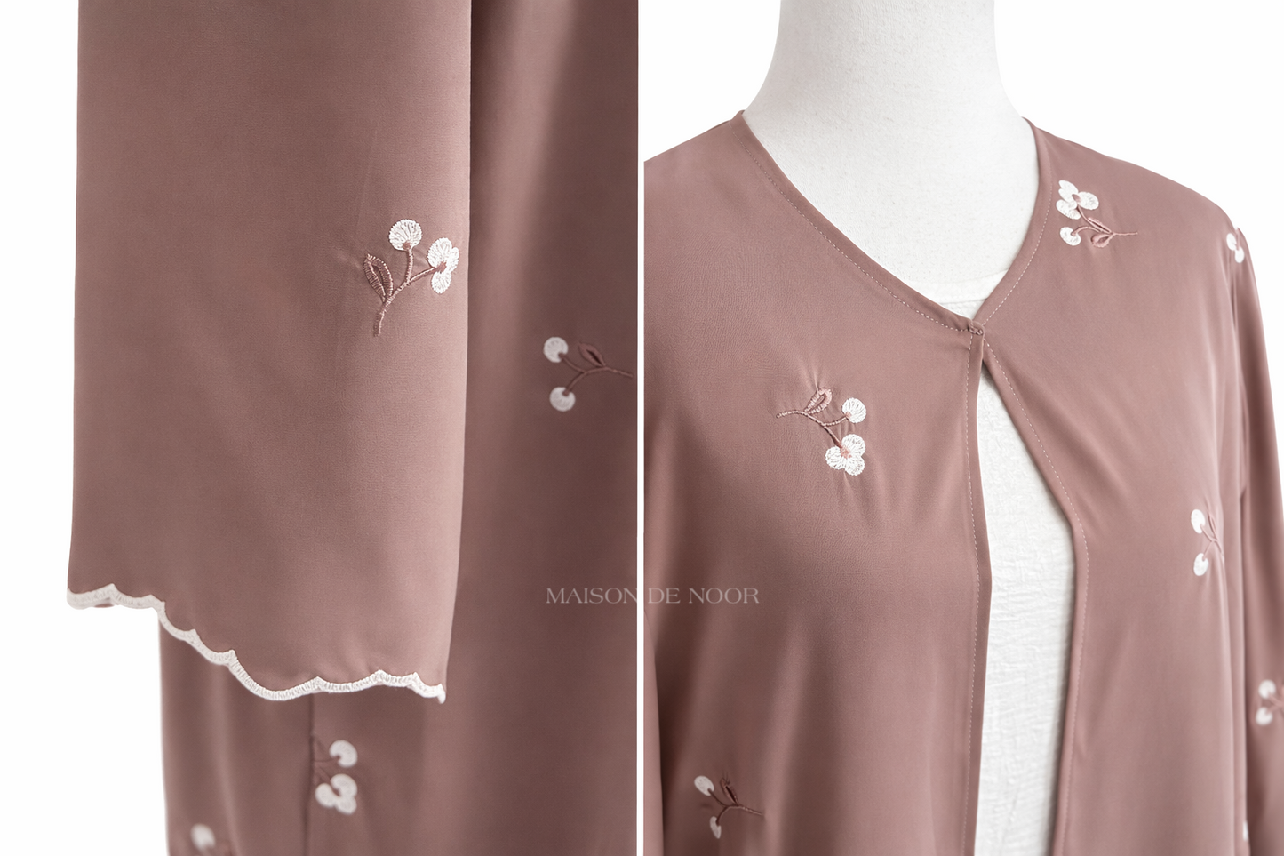 Floral Embroidered Open Abaya Set - Tea Pink