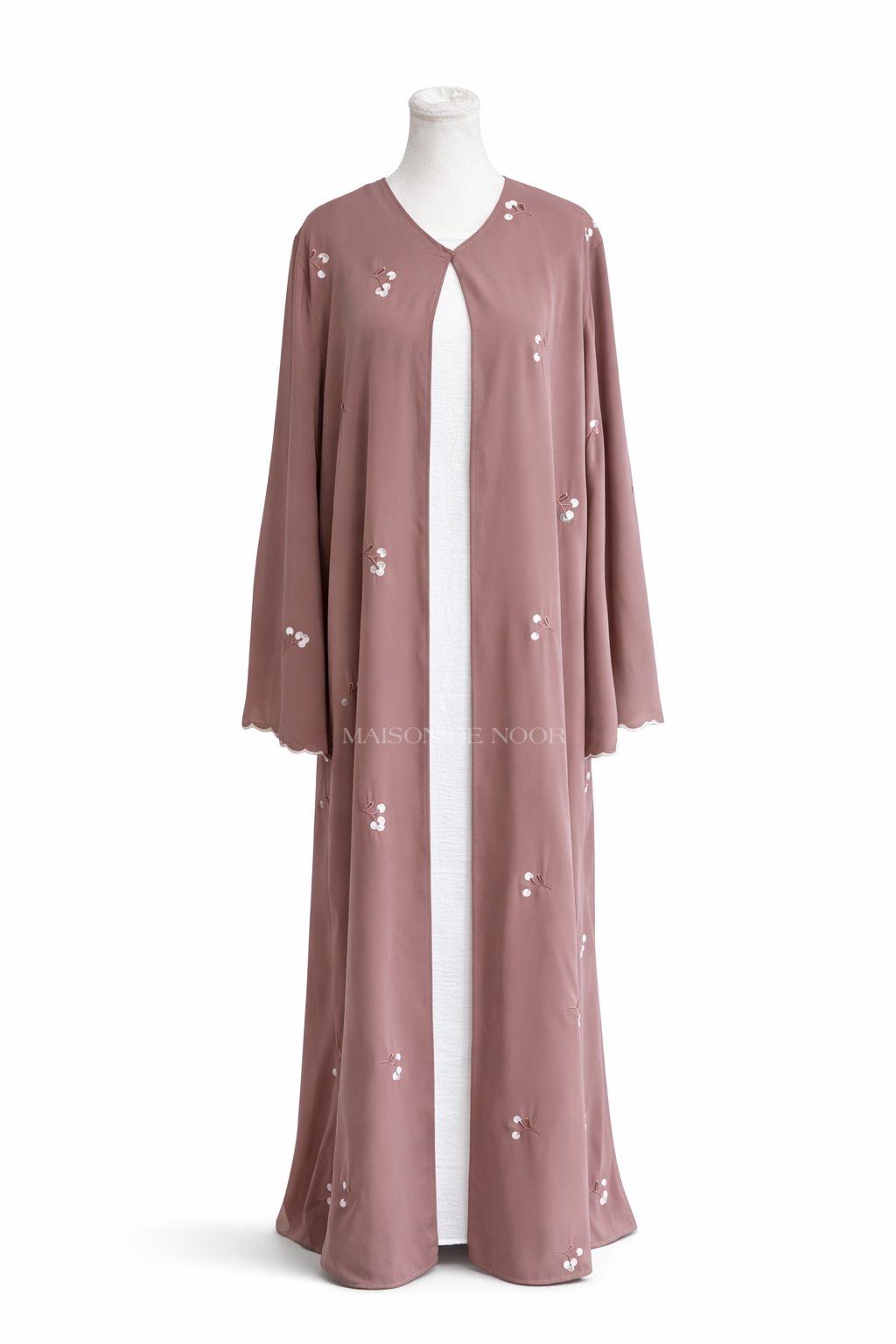 Floral Embroidered Open Abaya Set - Tea Pink