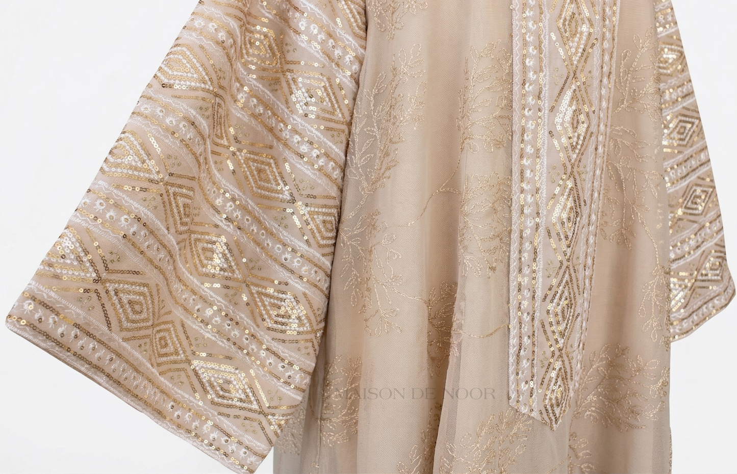 Leaf Embroidered Sequin Kaftan Abaya Dress - Beige