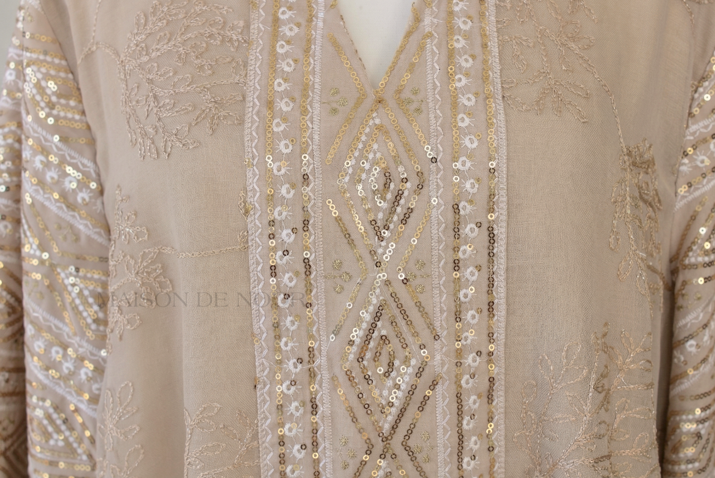 Leaf Embroidered Sequin Kaftan Abaya Dress - Beige
