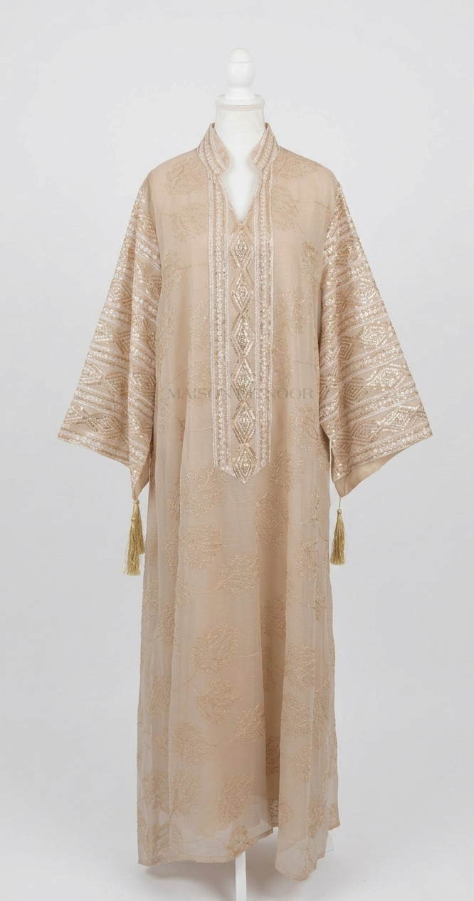Leaf Embroidered Sequin Kaftan Abaya Dress - Beige