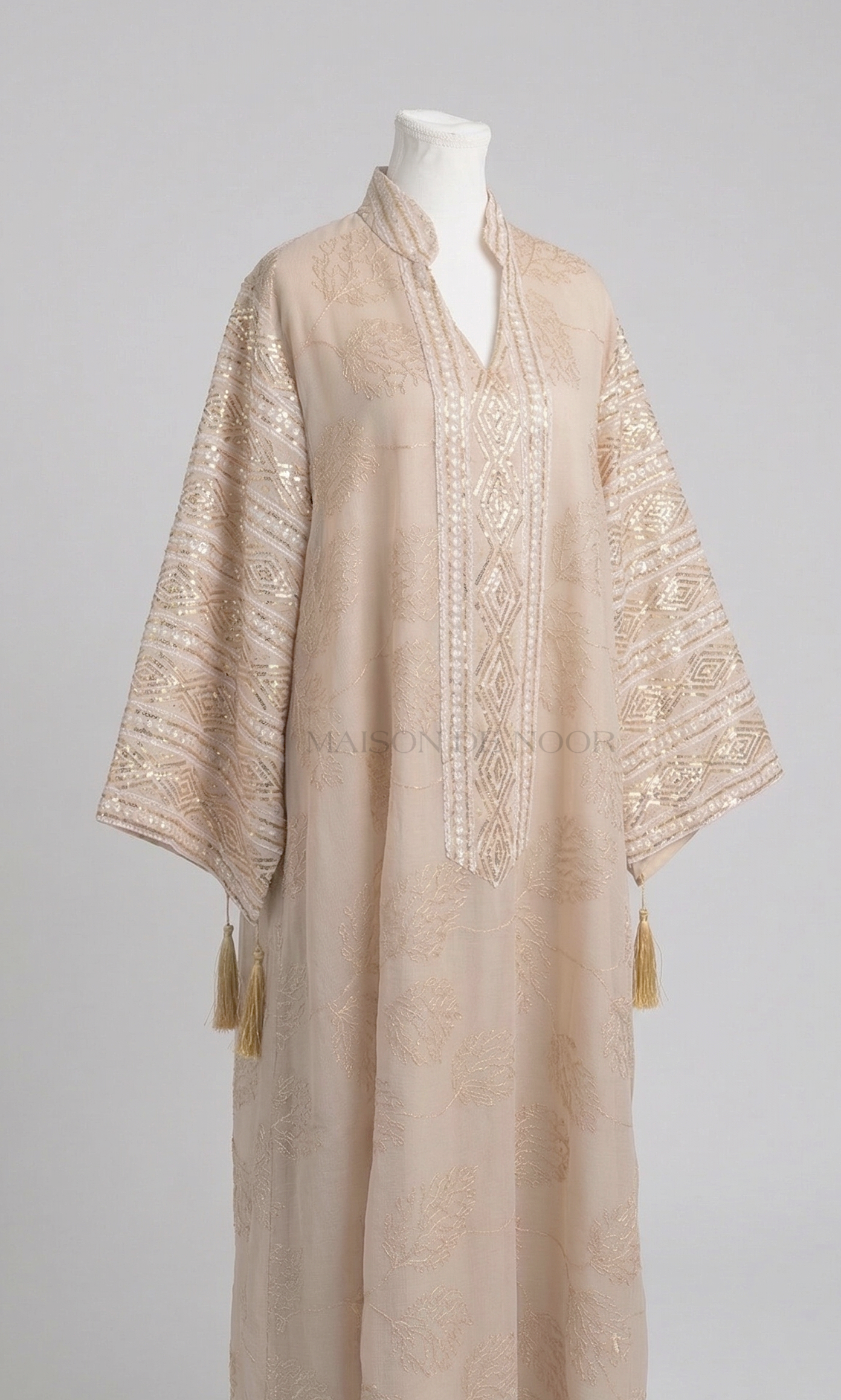 Leaf Embroidered Sequin Kaftan Abaya Dress - Beige